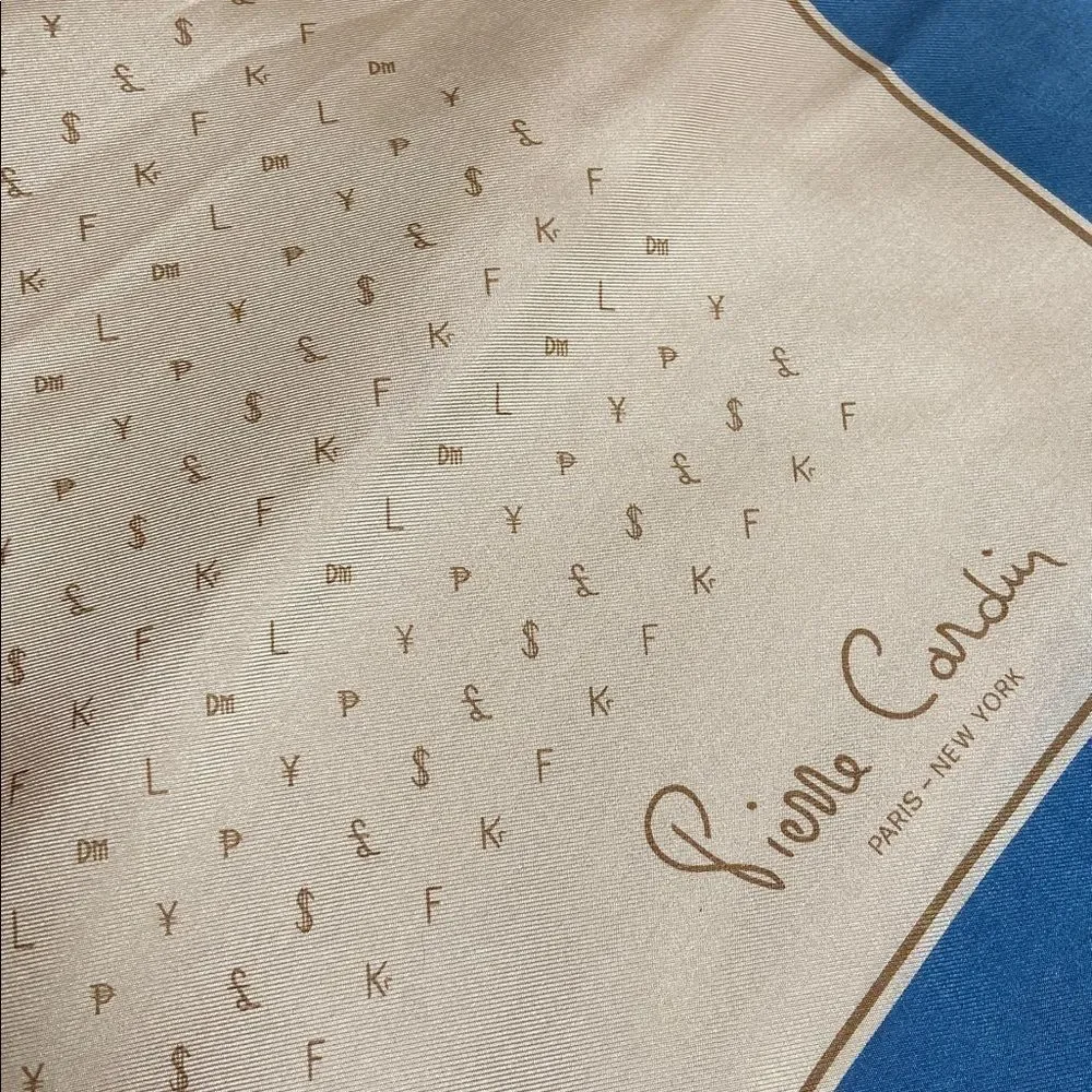 Vintage Pierre Cardin Cream and Blue Silk Pocket Square- New